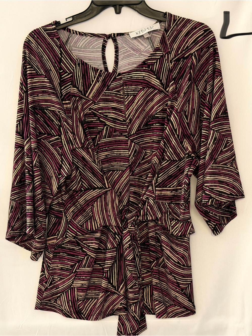 Kasper Multicolor Striped Wrap-Front Top (Black, Purple, Cream)